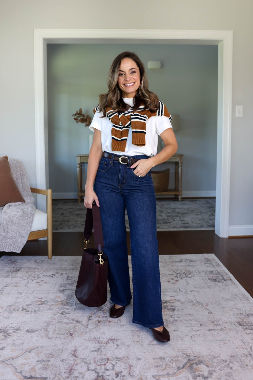 Multiple ways to wear dark wash wide leg jeans | fall outfits with wide leg jeans | fall 2026 capsule wardrobe via petite style blog Pumps and Push-Ups | 25 piece capsule wardrobe for fall 