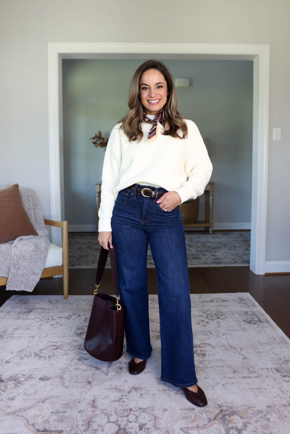 Multiple ways to wear dark wash wide leg jeans | fall outfits with wide leg jeans | fall 2026 capsule wardrobe via petite style blog Pumps and Push-Ups | 25 piece capsule wardrobe for fall 