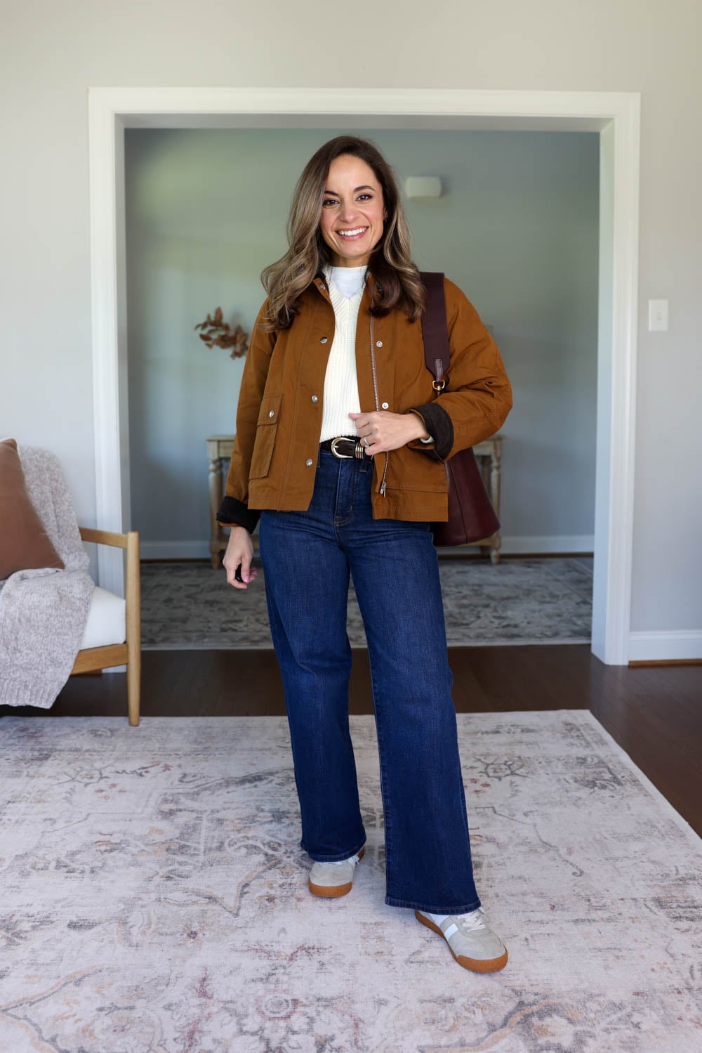 Multiple ways to wear dark wash wide leg jeans | fall outfits with wide leg jeans | fall 2026 capsule wardrobe via petite style blog Pumps and Push-Ups | 25 piece capsule wardrobe for fall 