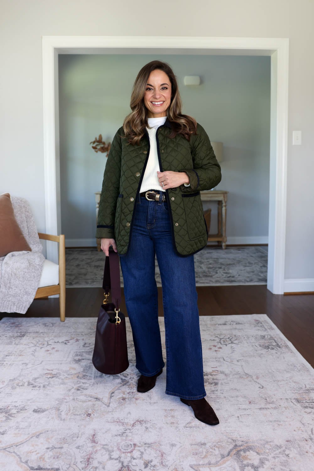 Multiple ways to wear dark wash wide leg jeans | fall outfits with wide leg jeans | fall 2026 capsule wardrobe via petite style blog Pumps and Push-Ups | 25 piece capsule wardrobe for fall 