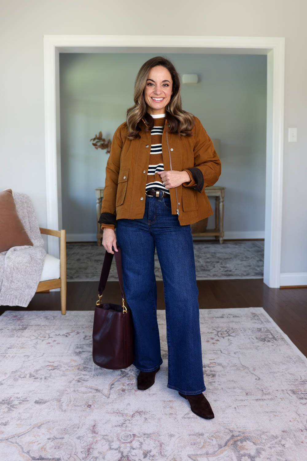 Multiple ways to wear dark wash wide leg jeans | fall outfits with wide leg jeans | fall 2026 capsule wardrobe via petite style blog Pumps and Push-Ups | 25 piece capsule wardrobe for fall 