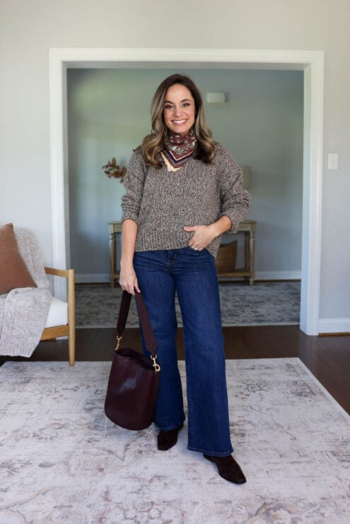 Multiple ways to wear dark wash wide leg jeans | fall outfits with wide leg jeans | fall 2026 capsule wardrobe via petite style blog Pumps and Push-Ups | 25 piece capsule wardrobe for fall