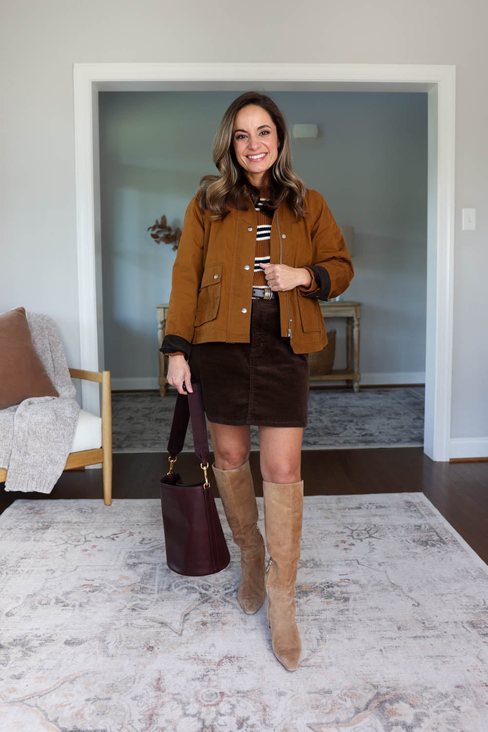 Petite-friendly capsule wardrobe for 25 items and 20 outfits | fall skirt and dress outfits from a fall capsule | corduroy skirt outfits | corduroy dress outfits