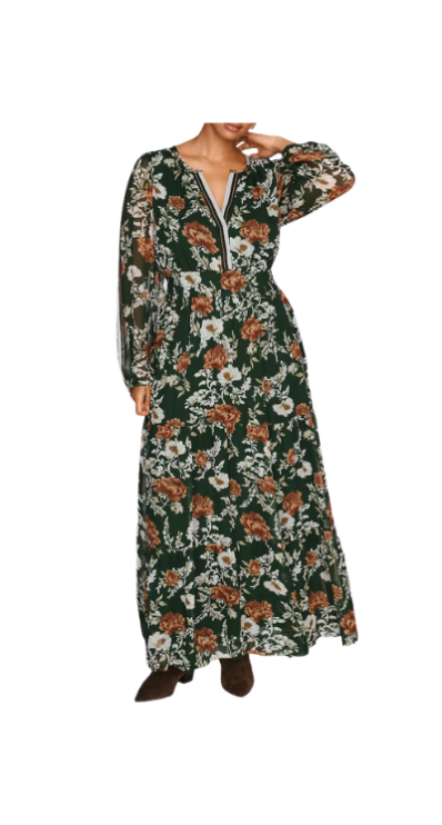 Green floral maxi dress Anthropologie petite-friendly