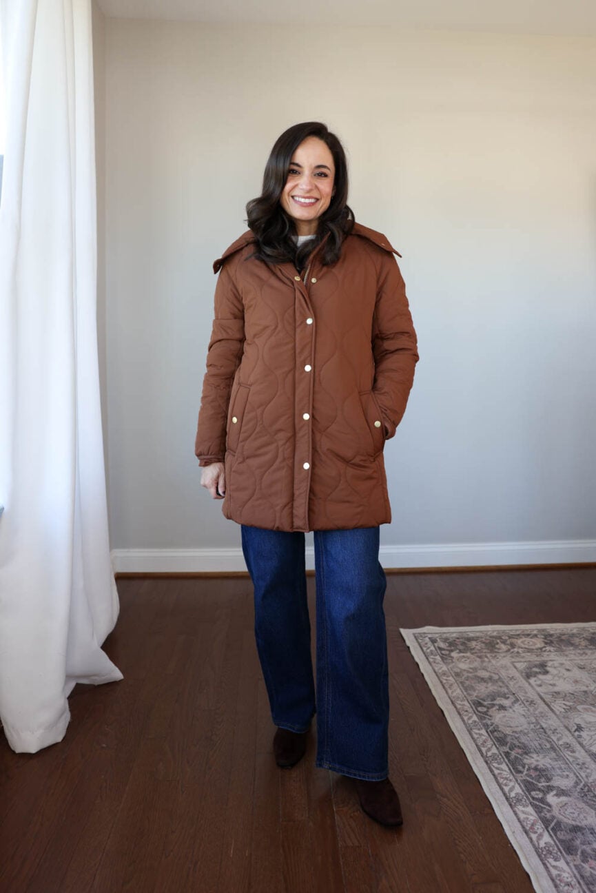 Petite-friendly winter coats | mild winter coat | review of the fit of the featherless long quilted jacket from Quince