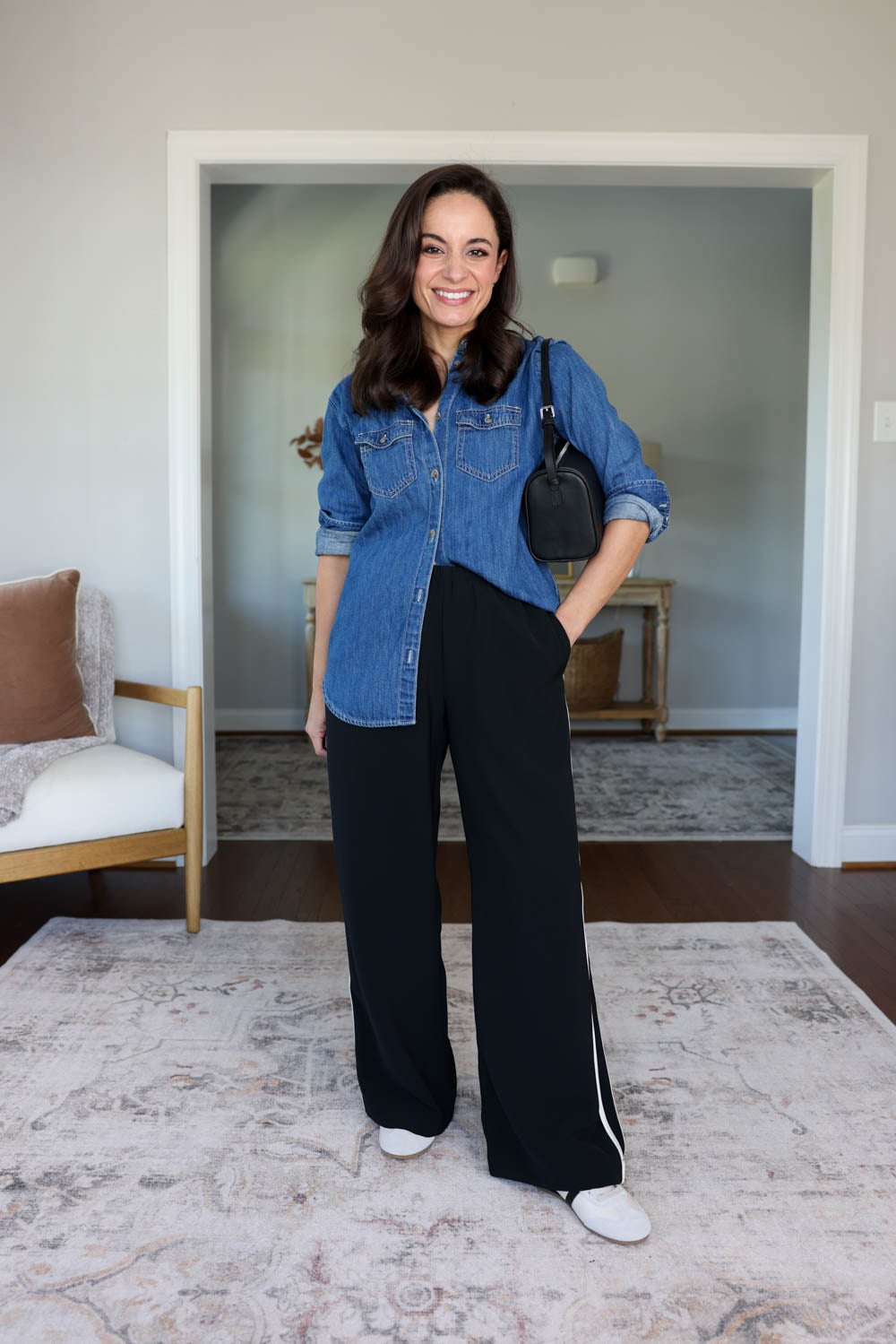 Petite-friendly track stripe pants | petite pants | comfortable petite pants | pull on pants for petites