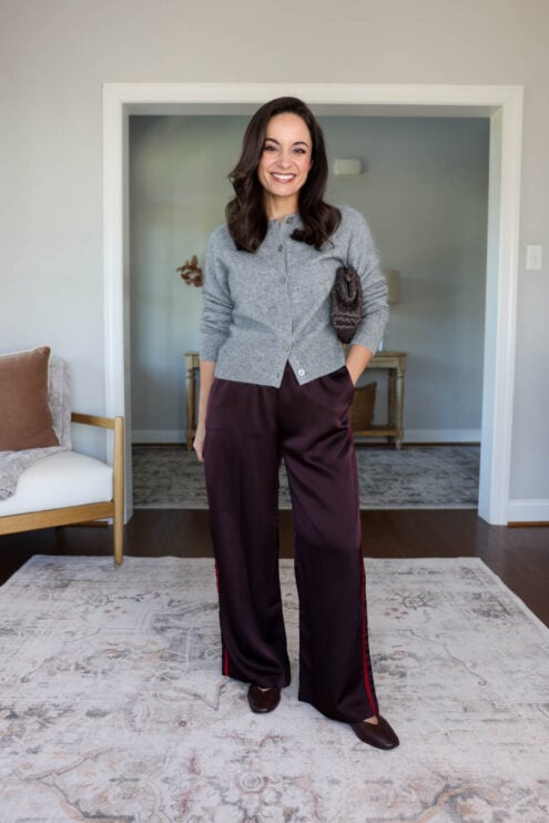 Satin burgundy pants outfit for petites