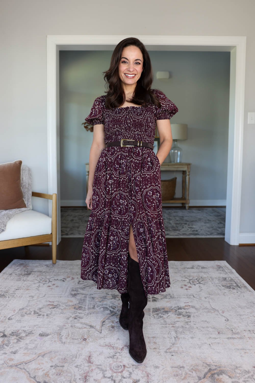 Thanksgiving outfit ideas for petites | petite friendly fall dresses | dresses styled with knee high boots 