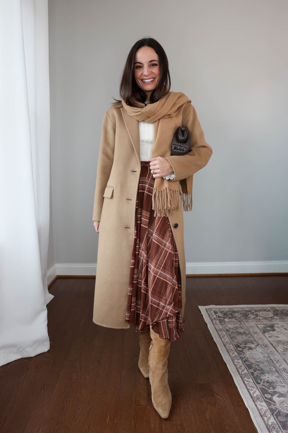 Fall plaid skirt styled with knee high boots | petite-friendly fall outfits