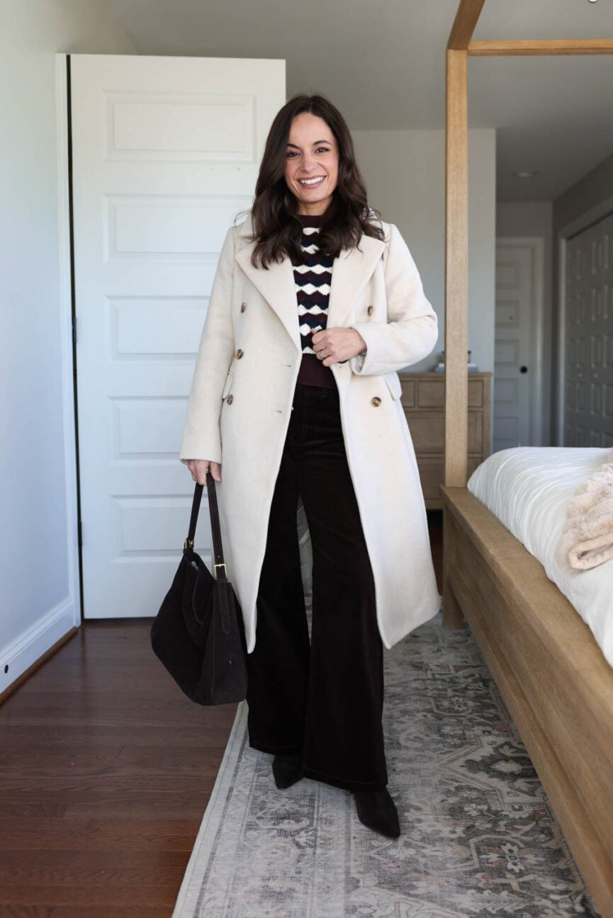 Petite-friendly outfit idea with corduory pants and a short sleeve sweater and topcoat via Pumps and Push-Ups blog | petite fashion