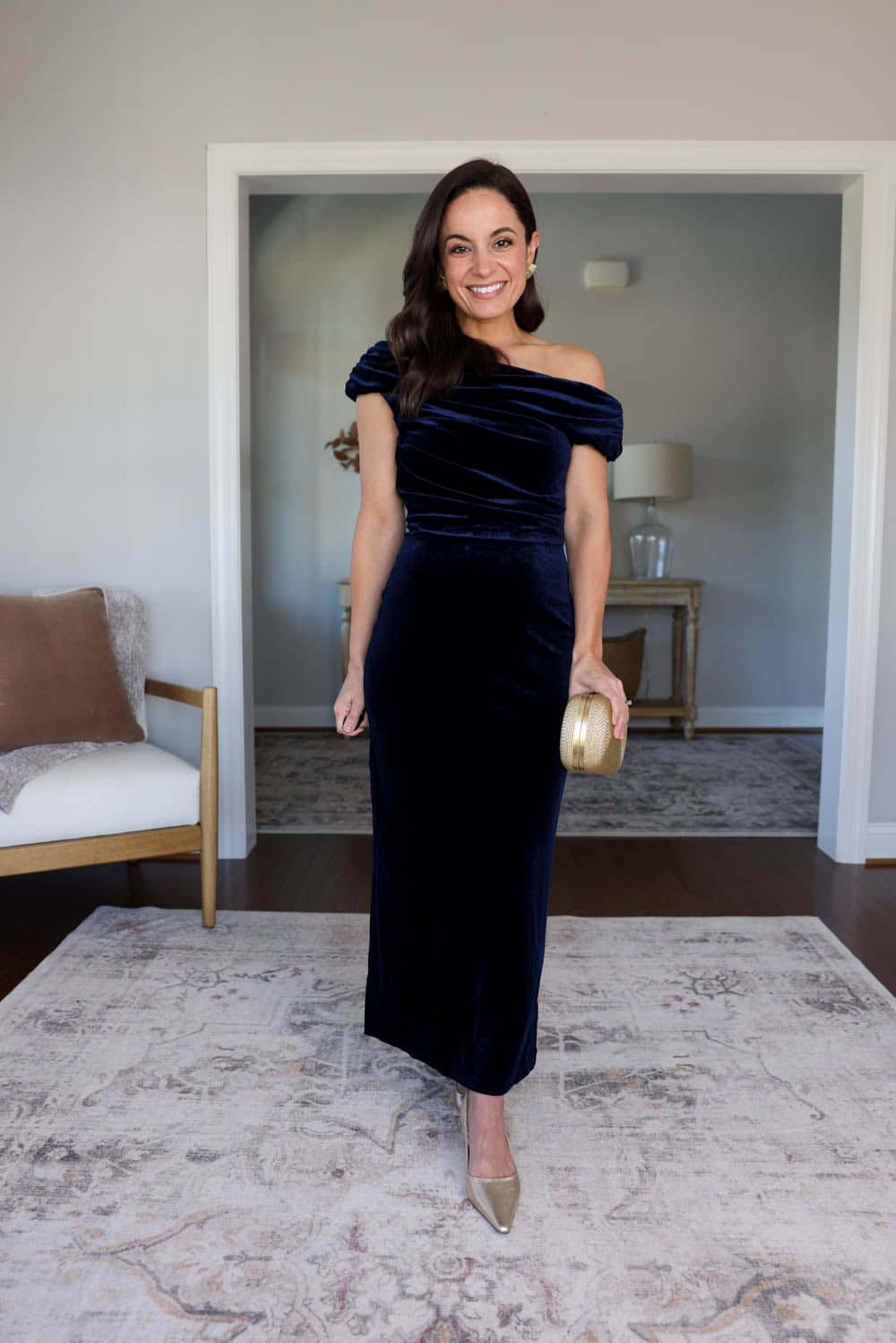 Petite-friendly formal dress for a winter wedding or holiday party | petite-friendly velvet dress