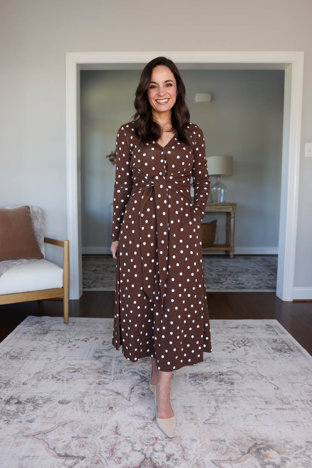 Petite-friendly dresses from Boden via Pumps and Push-Ups blog | ponte polka dot dress from Boden styled on a petite frame