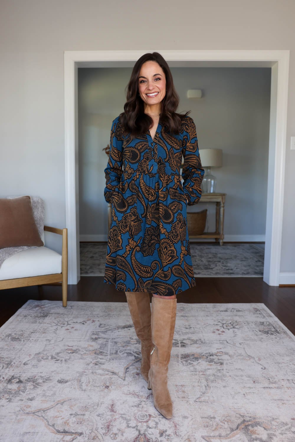 Petite-friendy fall dresses | Boden dress on petite style blogger Brooke of Pumps and Push-Ups | Thanksgiving outfit ideas with a dress and boots