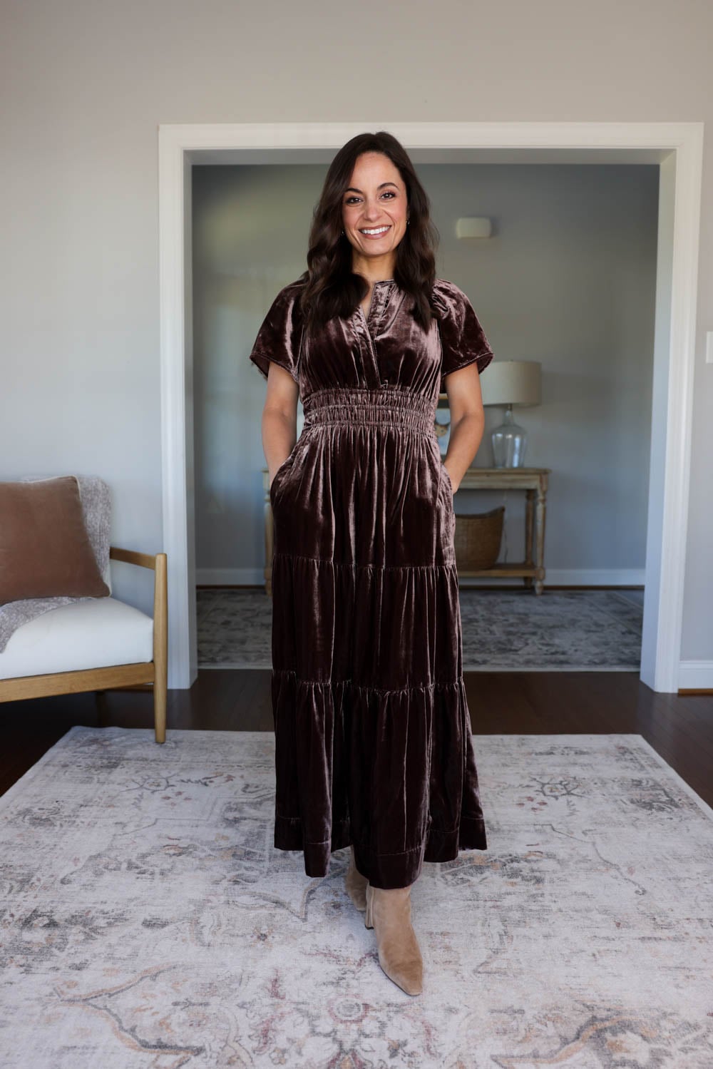 Petite-friendly fall dresses | petite-friendly fall maxi dress | velvet maxi dress for petites