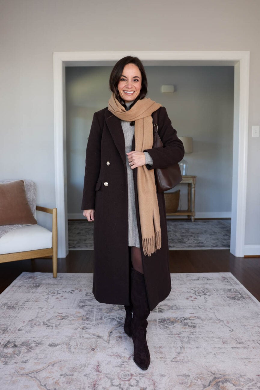 Ways to layer a dress with a coat | what coats to wear with dresses | petite friendly ways to wear a dress in the winter