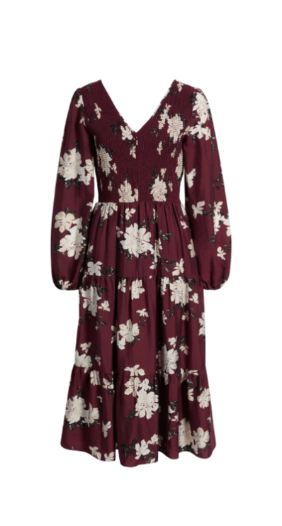 Nordstrom floral smocked midi dress burgundy